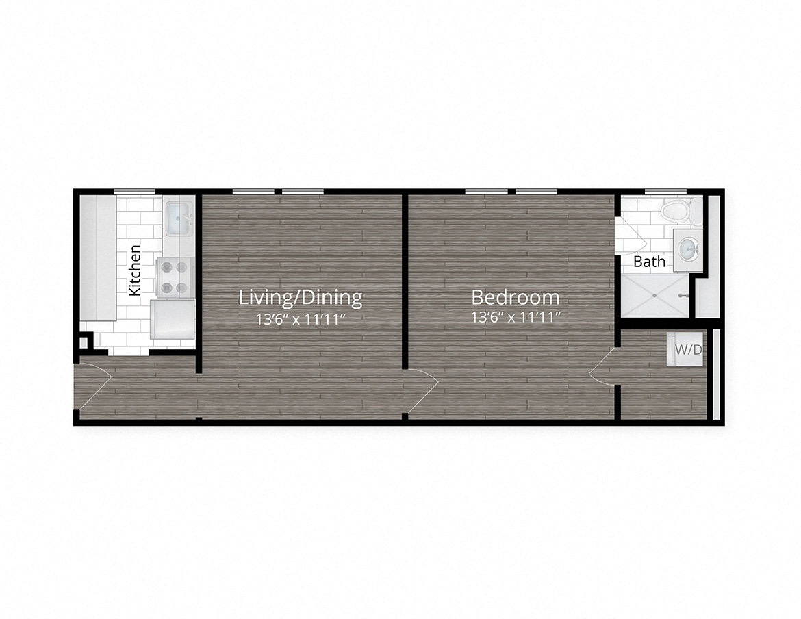 Floor plan for 1 bed, 1 bath, 570 sqft